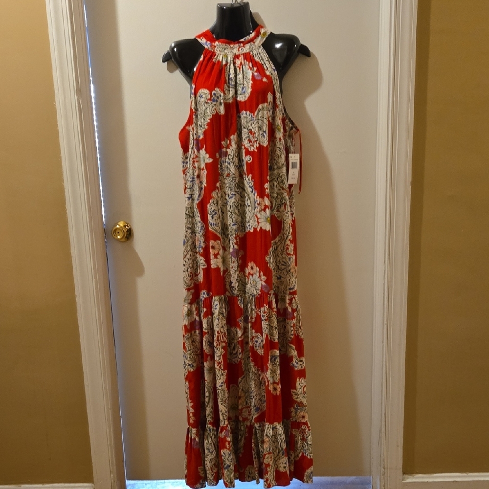 MSK Vibrant Red and Cream Patterned Maxi Dress